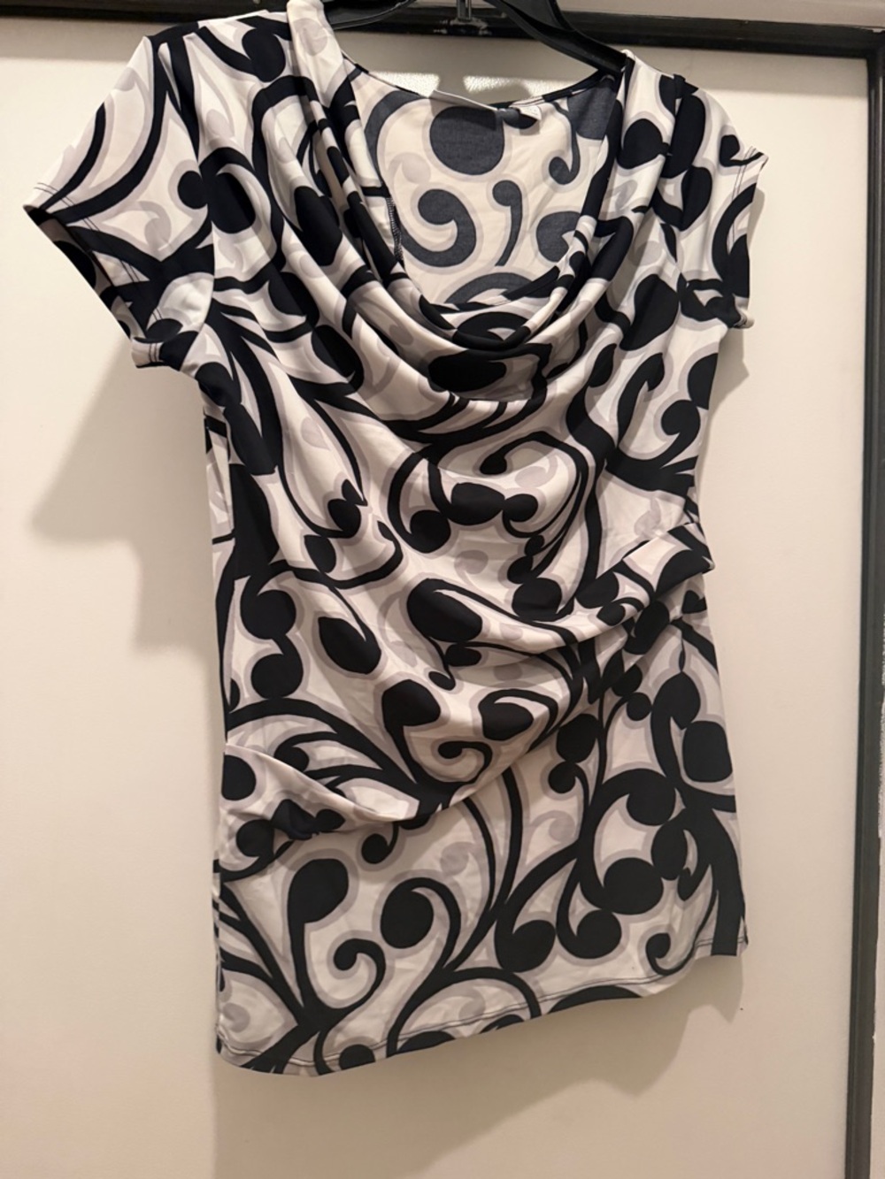 New York & Company Black and White Swirl Cowl Neck Top